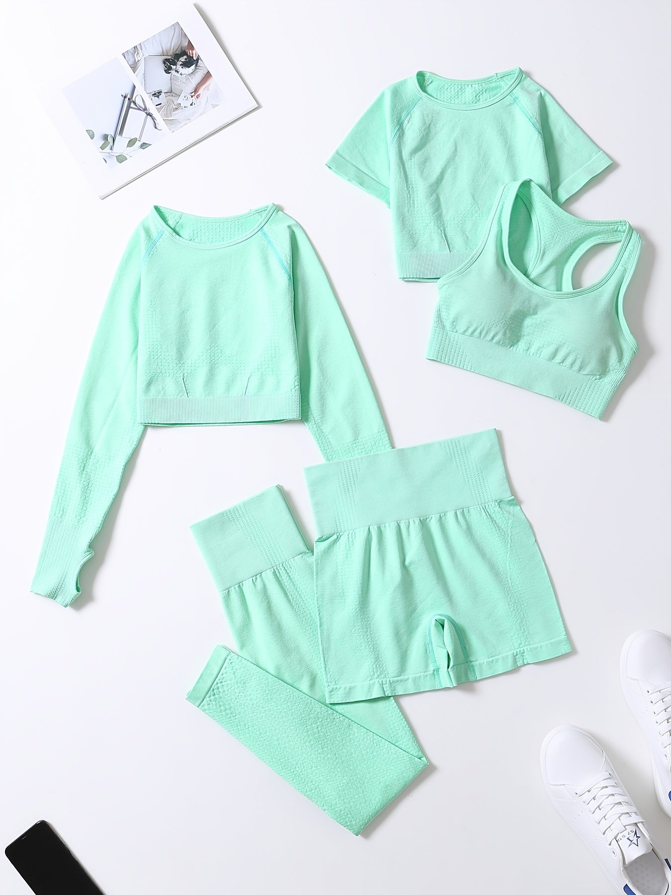 5pcs Seamless Yoga Suits, Racer Back Tank Top & Short Sleeve Cropped Top & Long Sleeve T Shirt & Shorts & Leggings Set, Women's Activewear