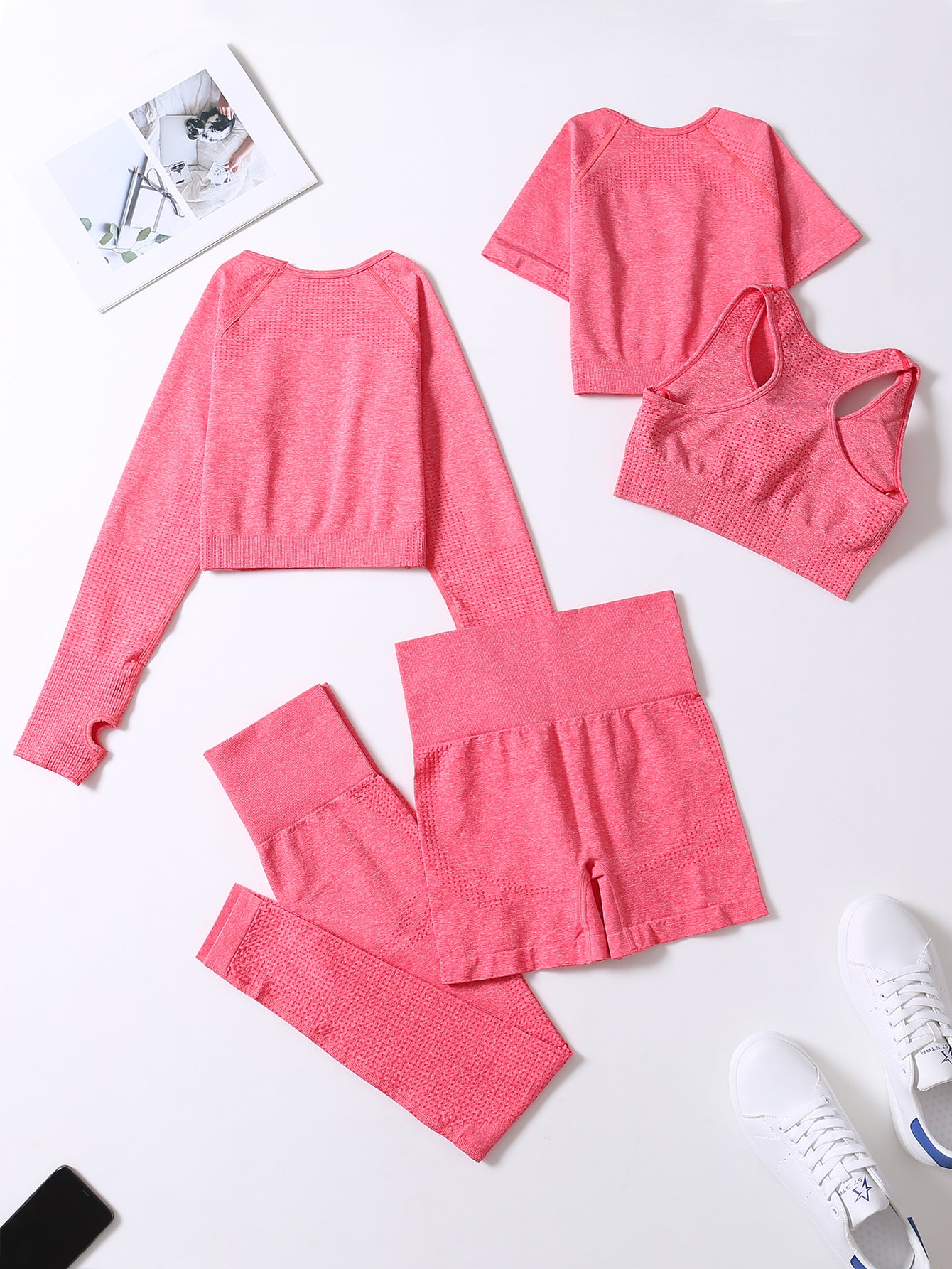 5pcs Seamless Yoga Suits, Racer Back Tank Top & Short Sleeve Cropped Top & Long Sleeve T Shirt & Shorts & Leggings Set, Women's Activewear