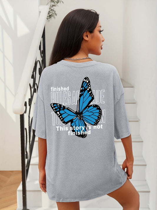 Oversized Butterfly Print T-Shirt, Casual Crew Neck Short Sleeve T-Shirt For Spring & Summer, Women's Clothing