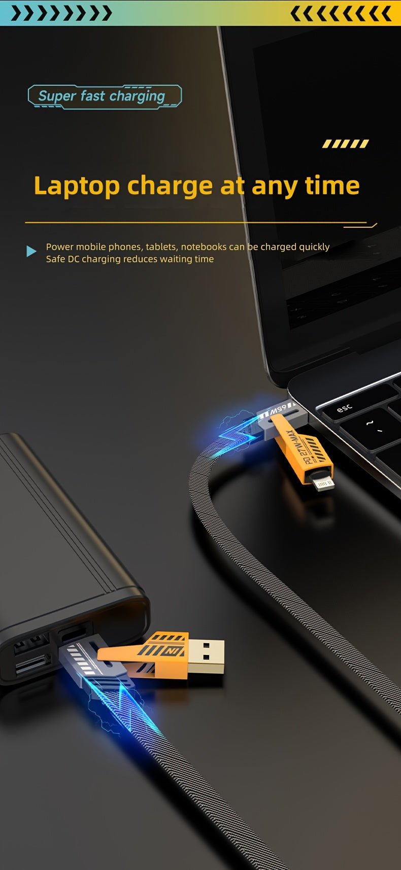 4-in-1 Fast Charging Cable, 47.24 in/120cm Dual Type-C & USB Lighting Connectors, Fabric Flat Cable, Matte Surface, USB Male to Male, Compatible with iPhone 15, For IPhone, USB Type C Charger Tablet Charge Cable