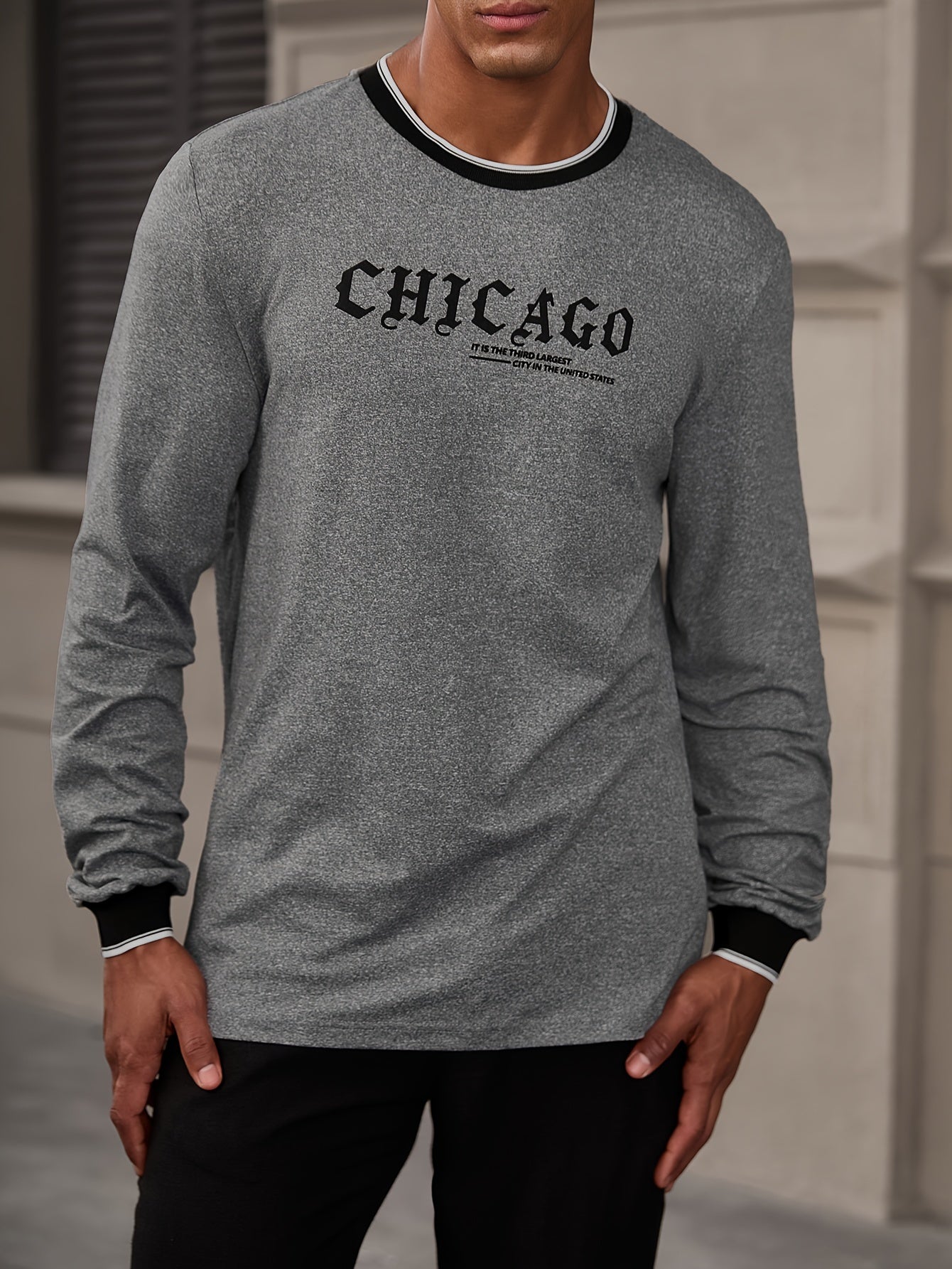 CHICAGO Print Men's Street Daily Long Sleeve High Stretch T-shirt, Spring Fall Outdoor, Men's Clothing