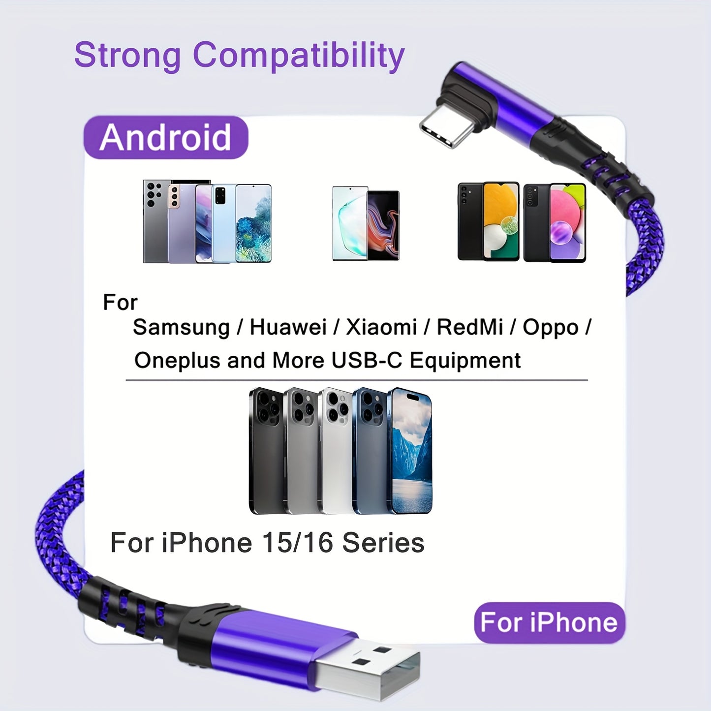 Type C Charger Fast Charging, Right Angle USB to USB C Cable Braided USBC Charger for Huawei Xiaomi RedMi Oppo Oneplus and More Smartphone