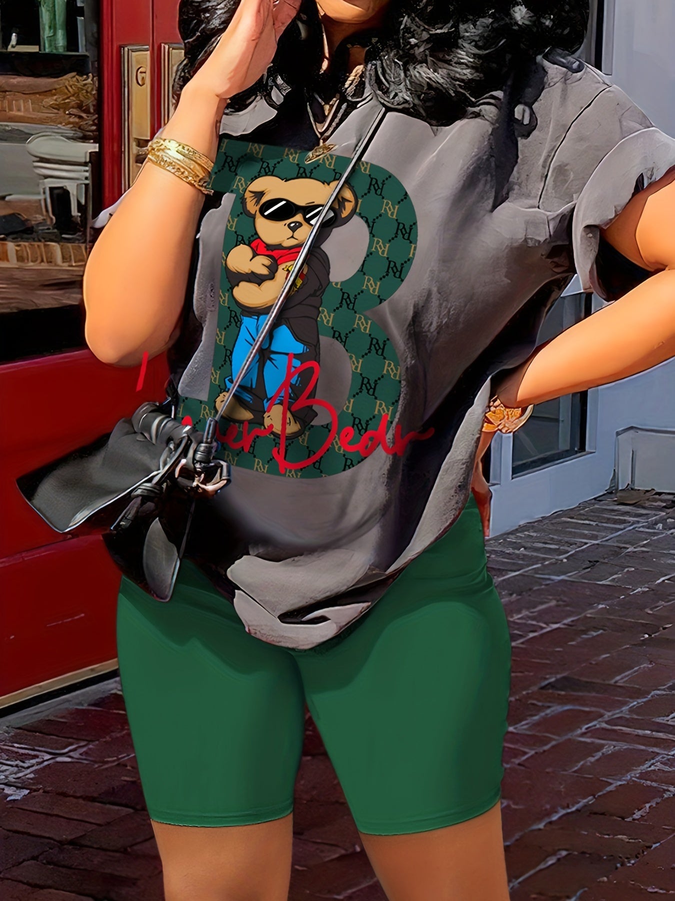 Women's Casual Cartoon Contrast Color 2-Piece Set, Short Sleeve Round Neck T-shirt And Biker Shorts Outfit, Lounge Wear