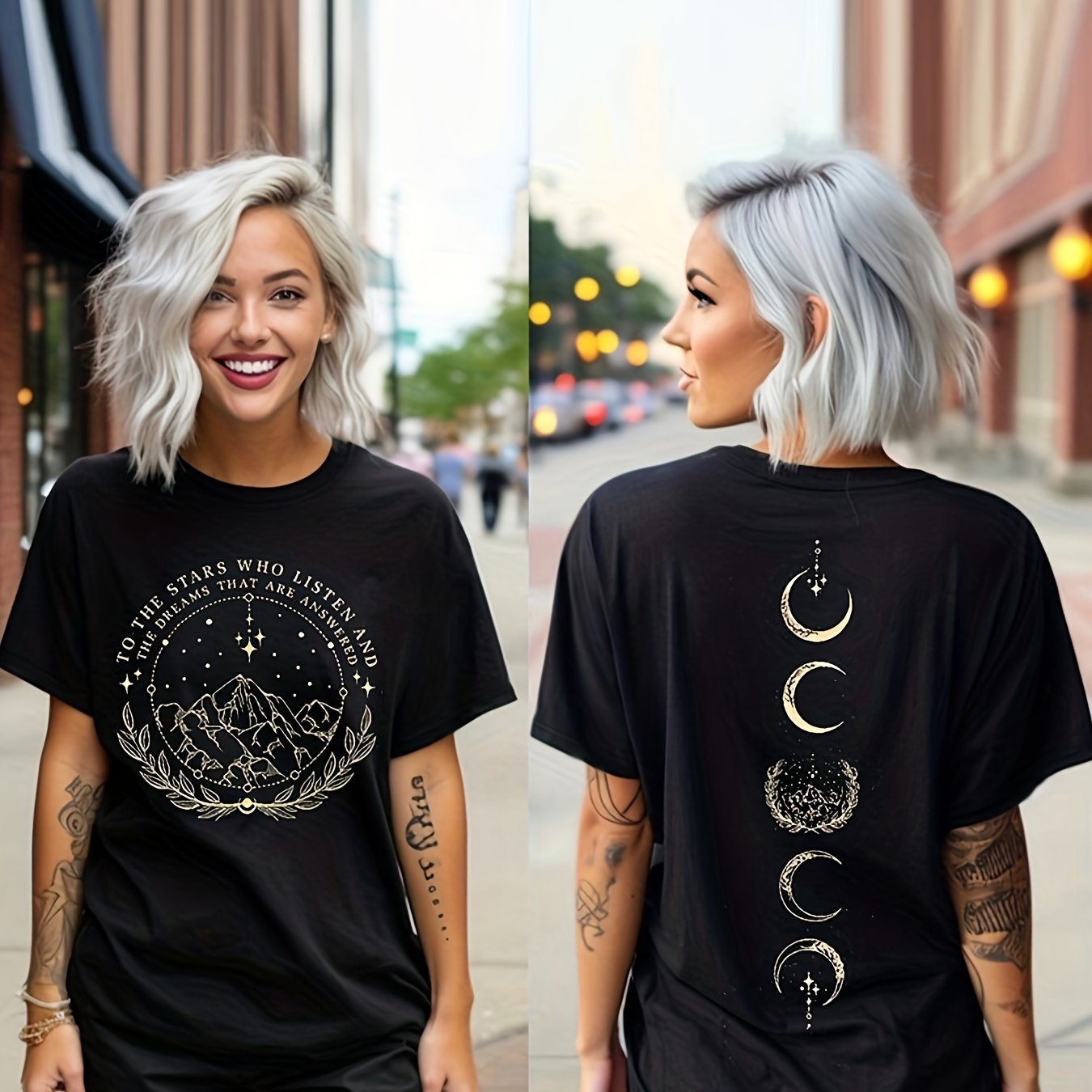 Moon & Mountain Print Crew Neck T-Shirt, Casual Short Sleeve T-Shirt For Spring & Summer, Women's Clothing