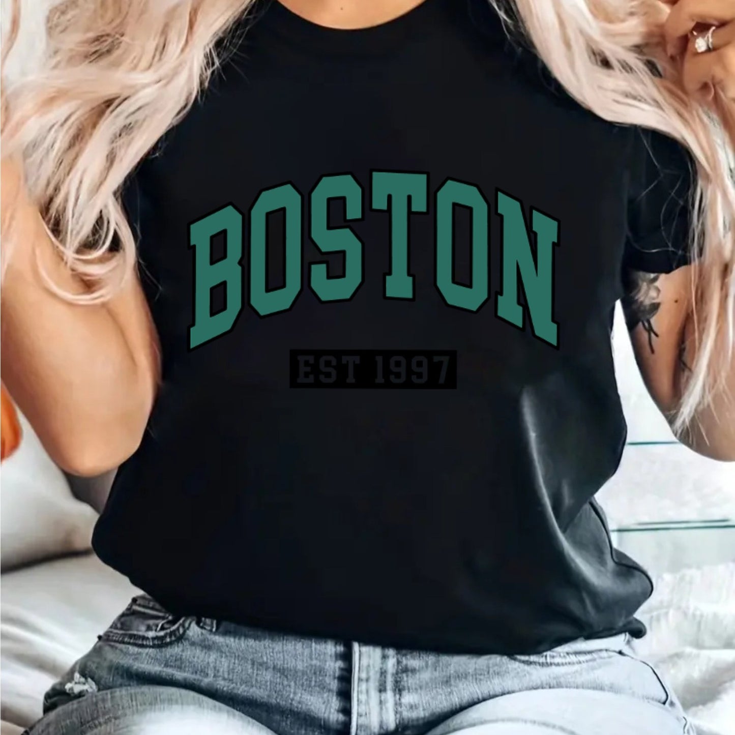 BOSTON Lettering Pattern Crew Neck T-Shirt, Casual Short Sleeve T-Shirt, Women's Clothing