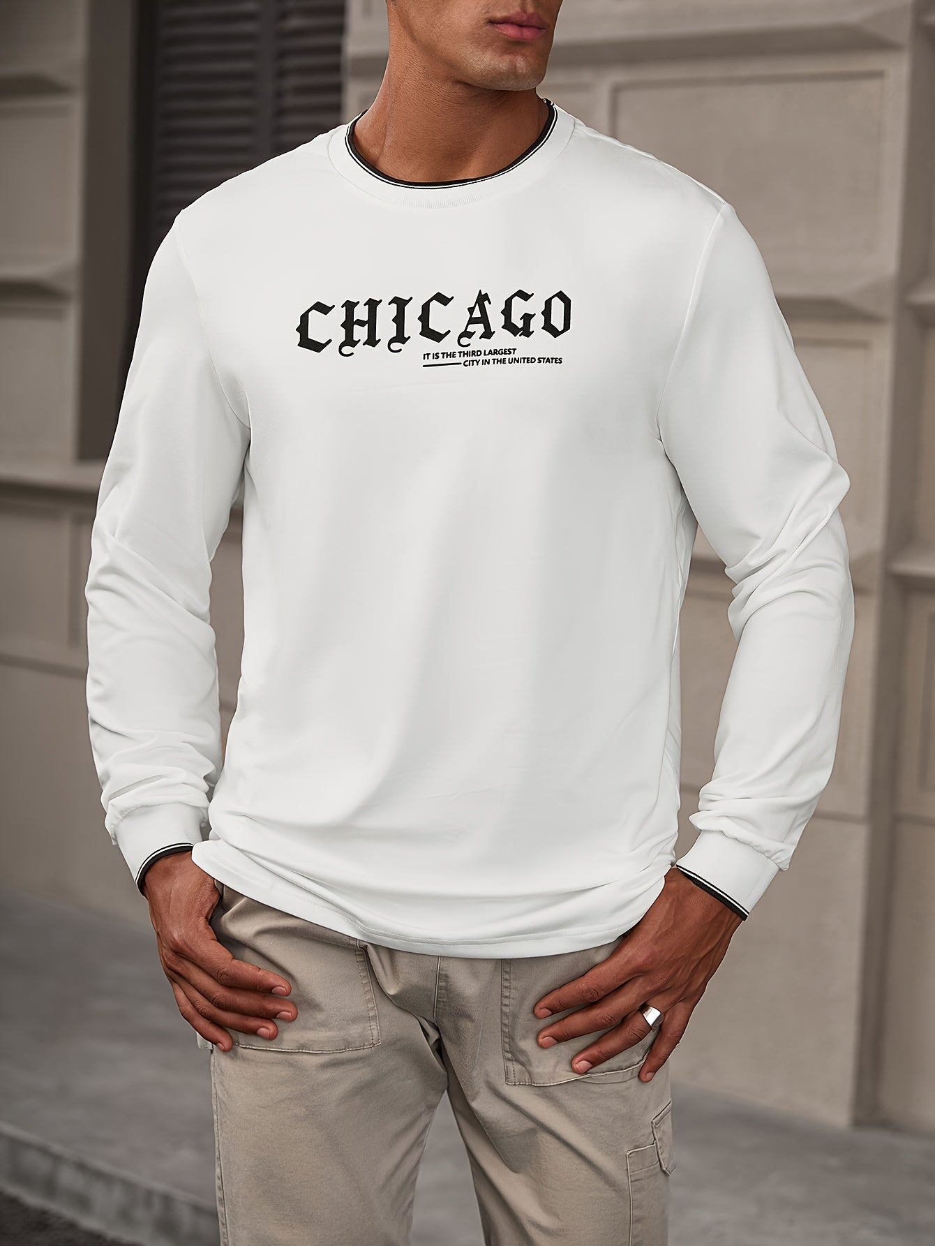 CHICAGO Print Men's Street Daily Long Sleeve High Stretch T-shirt, Spring Fall Outdoor, Men's Clothing