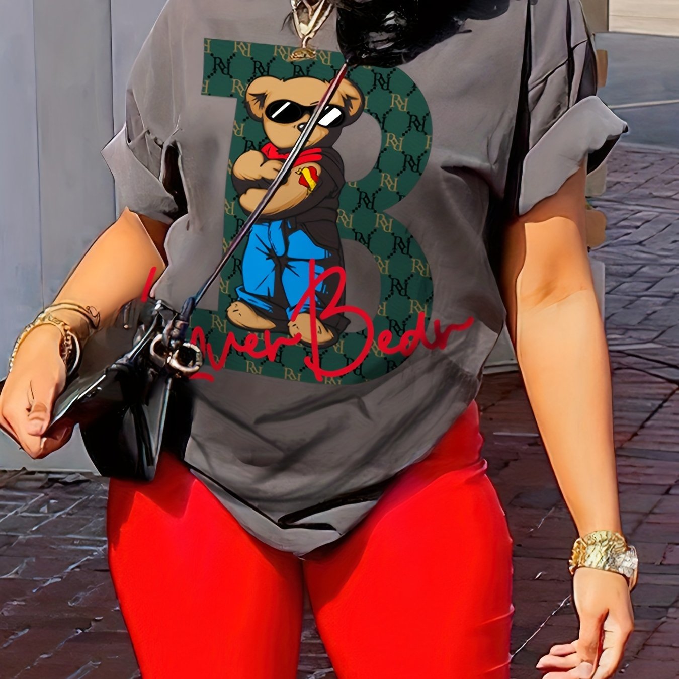 Women's Casual Cartoon Contrast Color 2-Piece Set, Short Sleeve Round Neck T-shirt And Biker Shorts Outfit, Lounge Wear