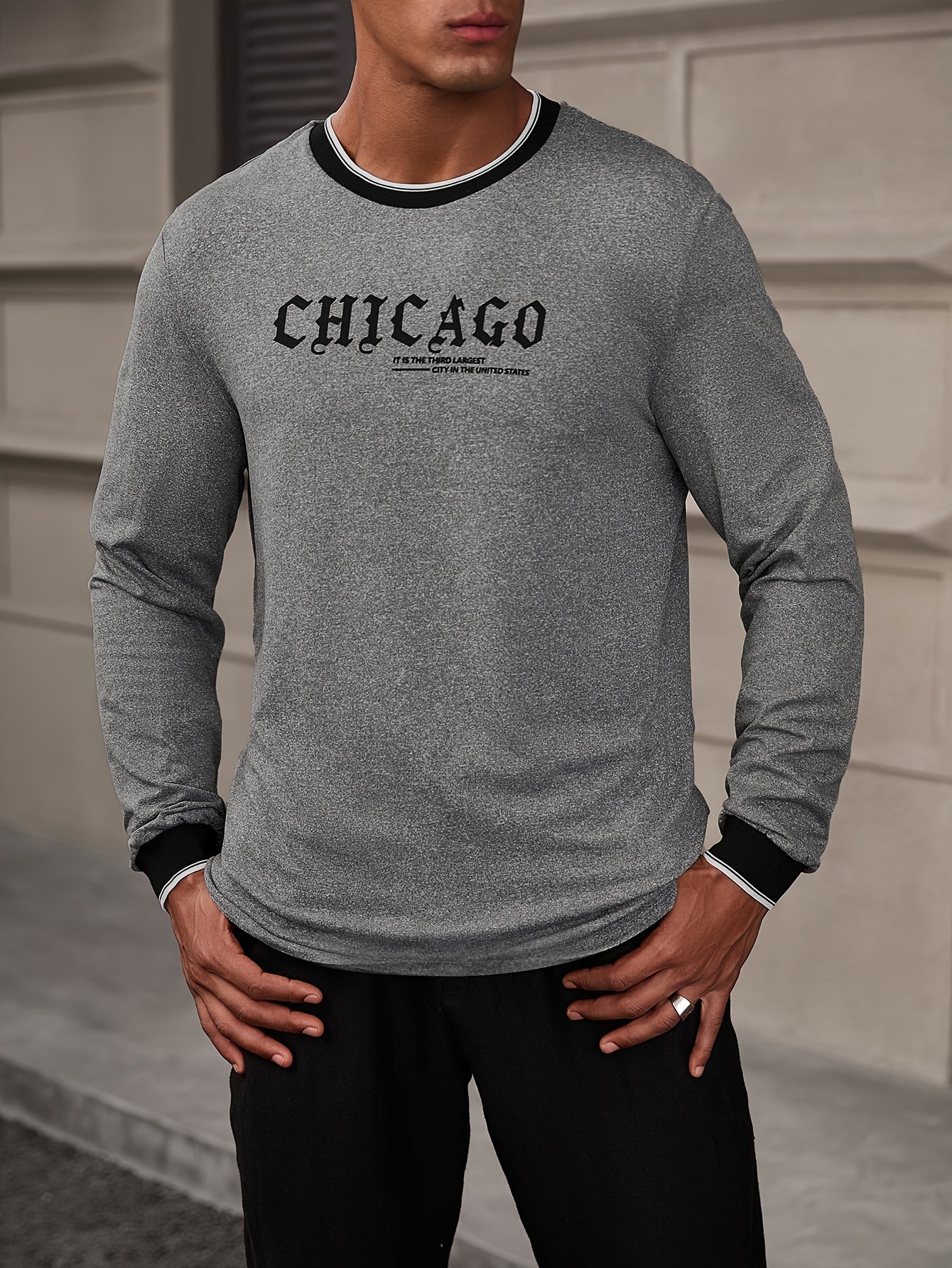 CHICAGO Print Men's Street Daily Long Sleeve High Stretch T-shirt, Spring Fall Outdoor, Men's Clothing
