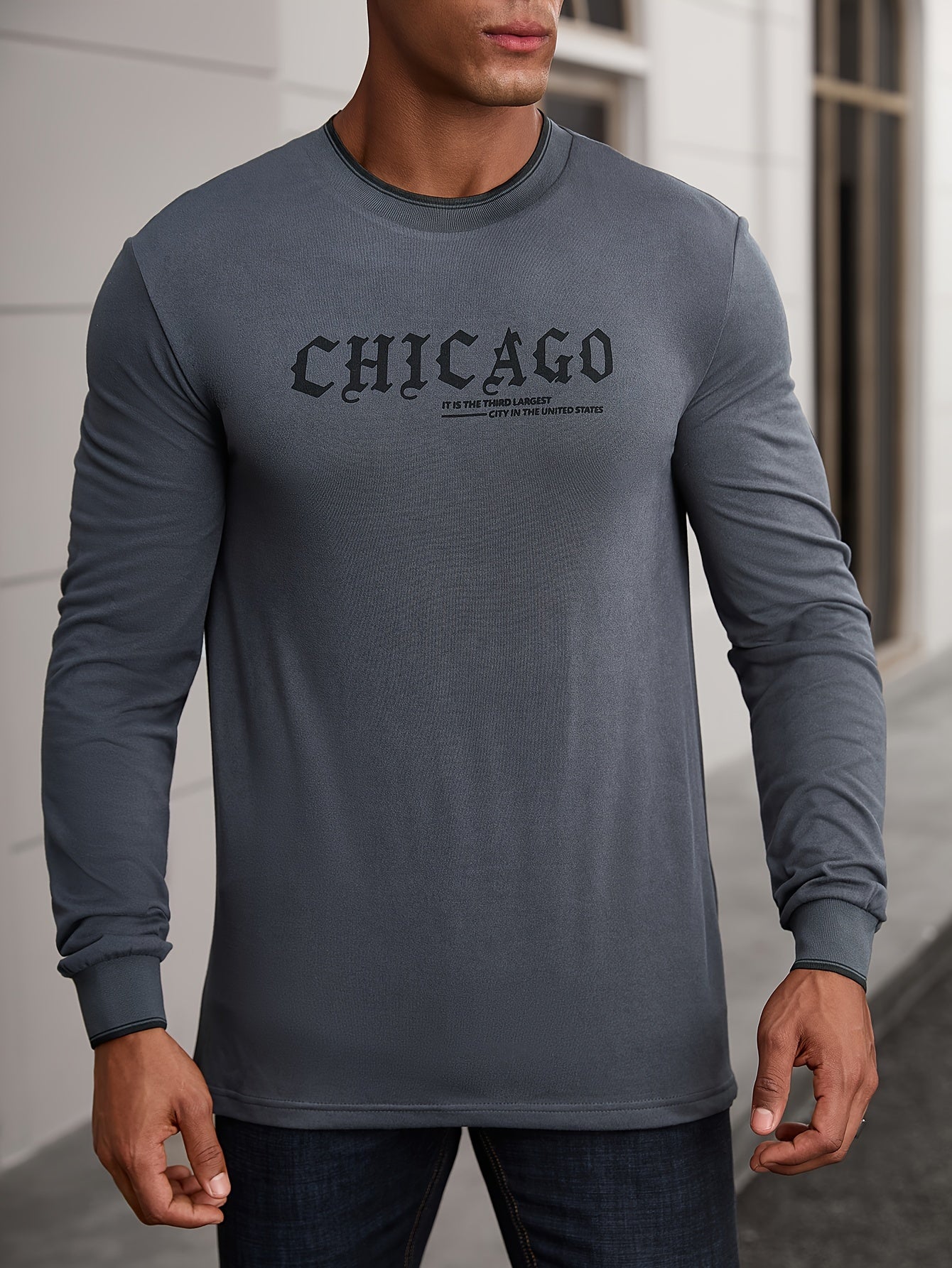 CHICAGO Print Men's Street Daily Long Sleeve High Stretch T-shirt, Spring Fall Outdoor, Men's Clothing