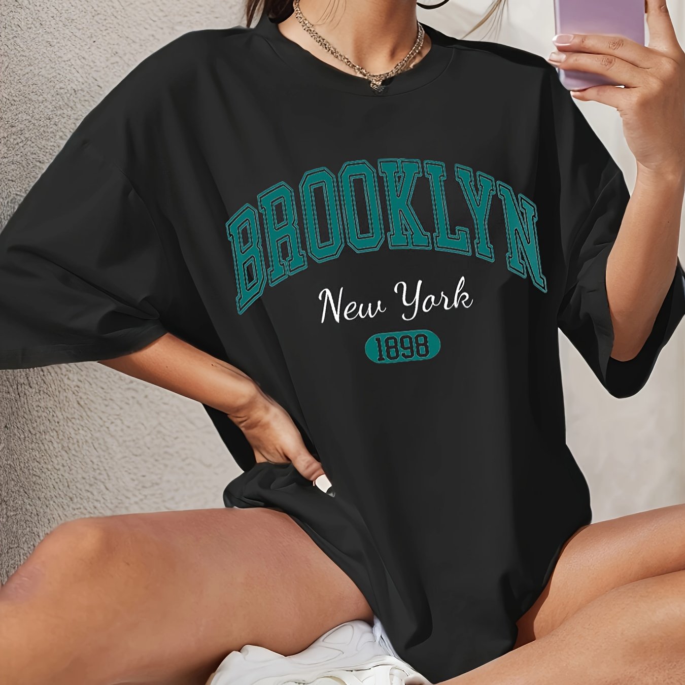 BROOKLYN Print T-shirt, Casual Short Sleeve Crew Neck Top For Spring & Summer, Women's Clothing