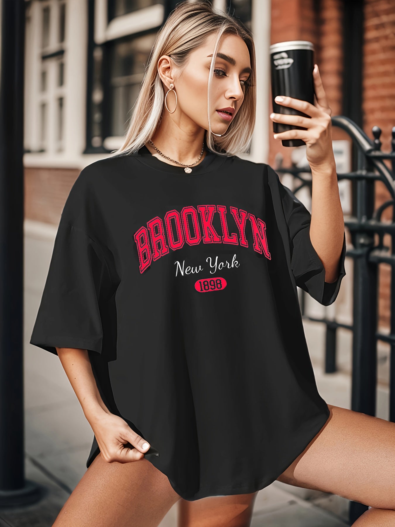 BROOKLYN Print T-shirt, Casual Short Sleeve Crew Neck Top For Spring & Summer, Women's Clothing