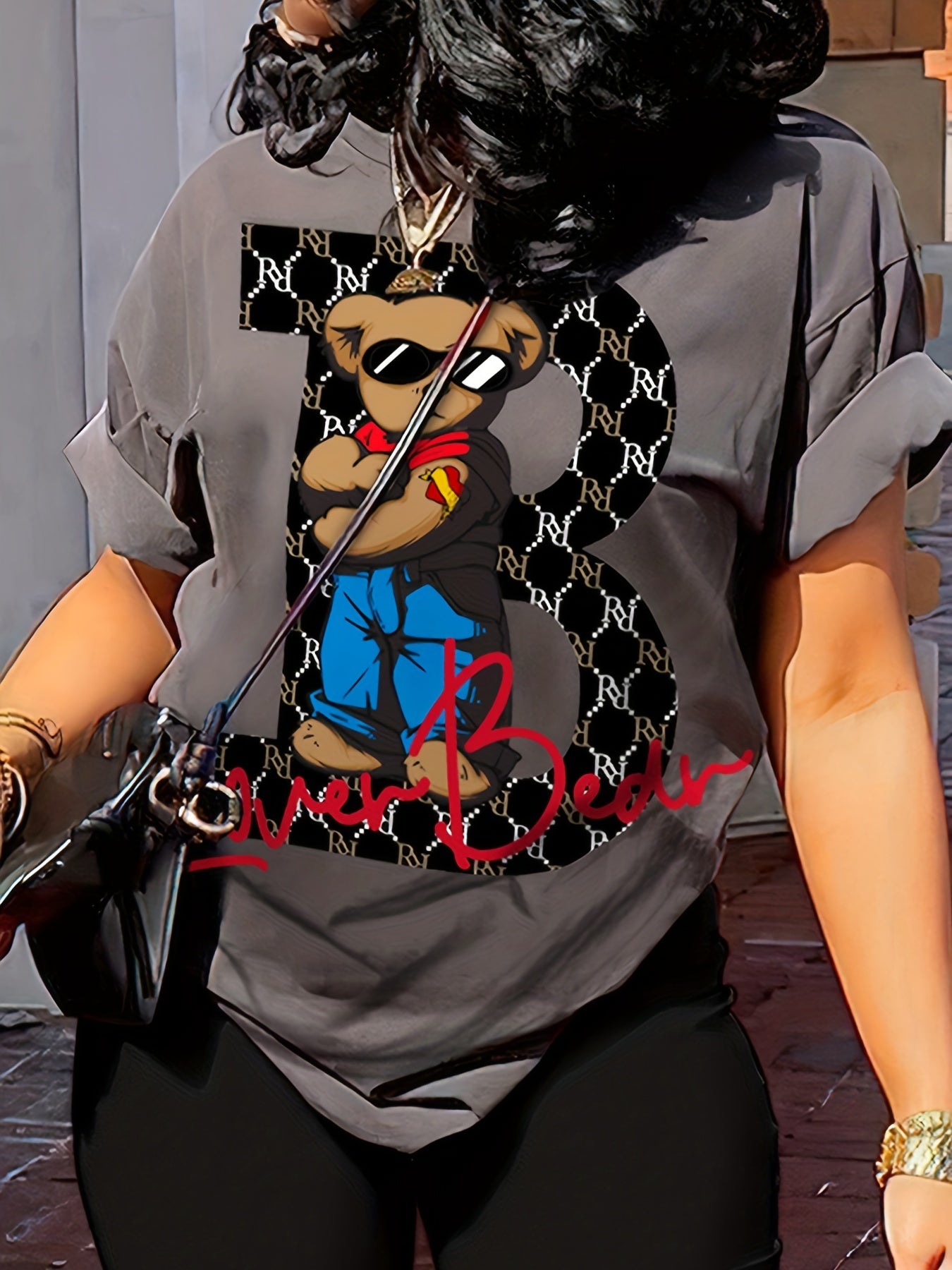 Women's Casual Cartoon Contrast Color 2-Piece Set, Short Sleeve Round Neck T-shirt And Biker Shorts Outfit, Lounge Wear