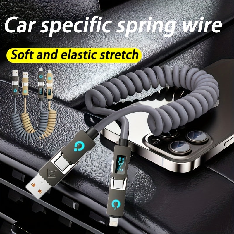 240Wmax 4-in-1 USB-C Charging Cable with Digital Display - Soft & Elastic Spring Wire, Fast Charging for iPhone, Xiaomi, Huawei & More - Multi-Port, High-Speed Data Transfer, Car Mountable, Car Charging Cable | Flexible Charg