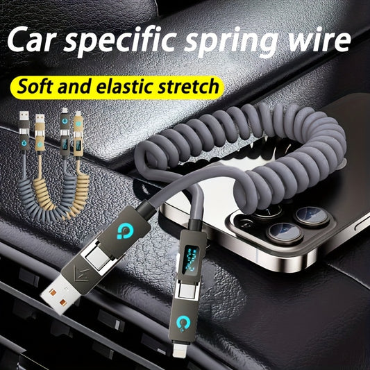 240Wmax 4-in-1 USB-C Charging Cable with Digital Display - Soft & Elastic Spring Wire, Fast Charging for iPhone, Xiaomi, Huawei & More - Multi-Port, High-Speed Data Transfer, Car Mountable, Car Charging Cable | Flexible Charg
