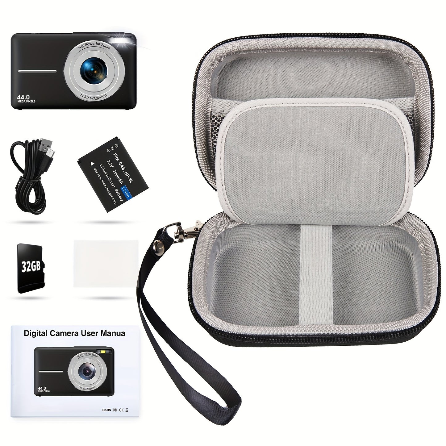 Stuogyum Dc403 Compact Digital Camera - 44Mp, Fhd 1080P Video, 16X Digital Zoom, Auto-Focus, Anti-Shake, Includes 32Gb Memory Card, 700Mah Battery & Case - Perfect For Beginners