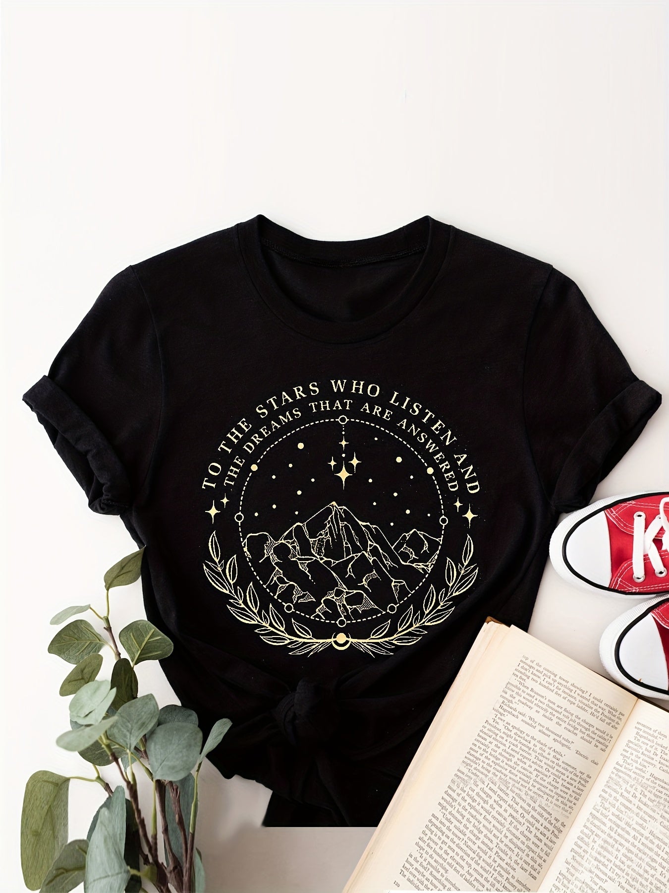 Moon & Mountain Print Crew Neck T-Shirt, Casual Short Sleeve T-Shirt For Spring & Summer, Women's Clothing