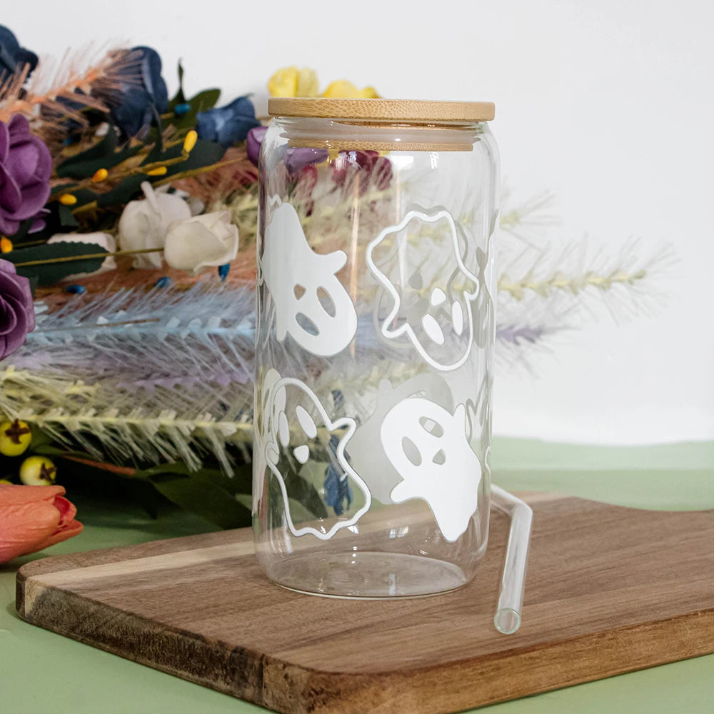 Mugs Halloween Ghost Decoration Spooky Ghost Glass Cup with Lid Straw Tumbler Iced Coffee Glassware Birthday Gift Kitchen Stuff