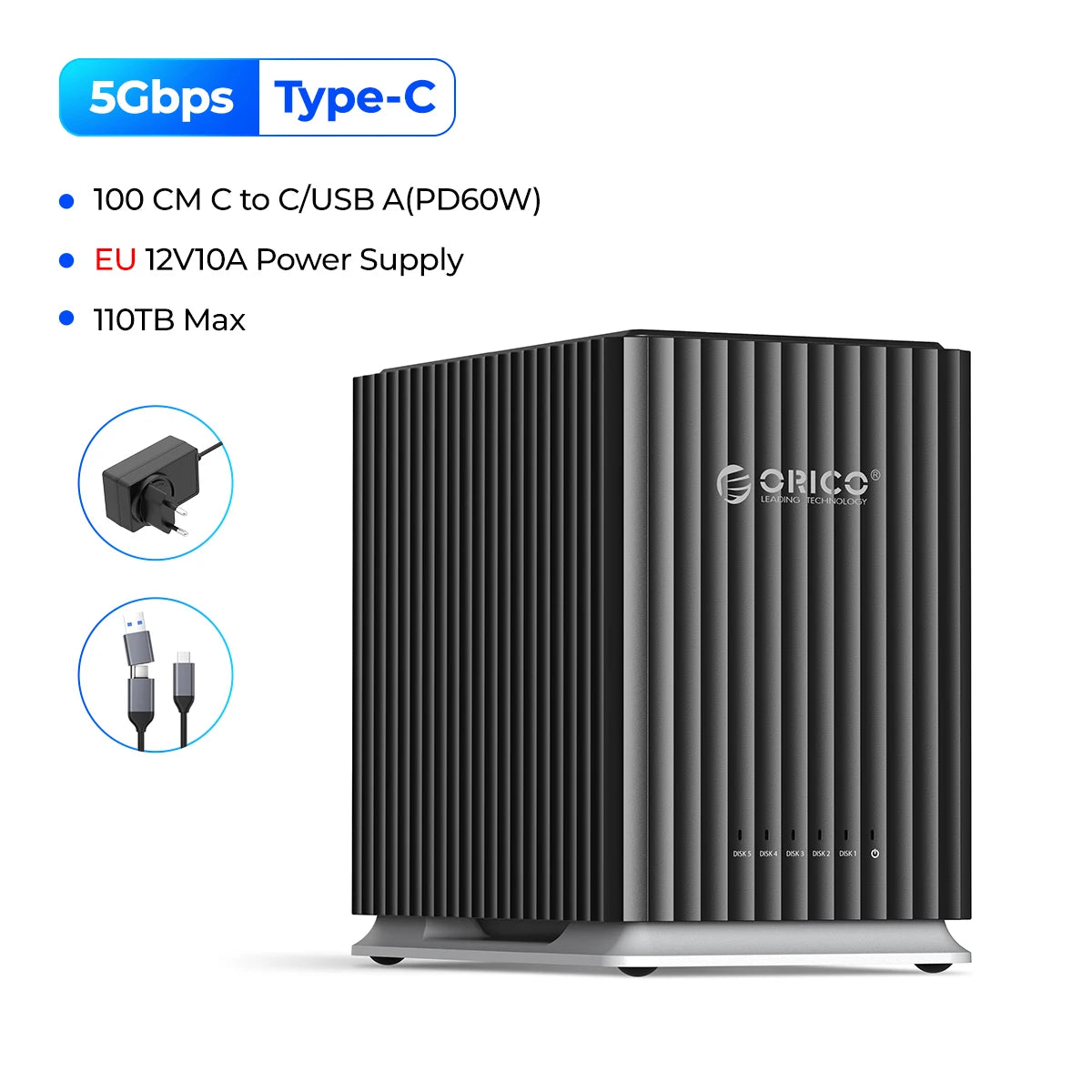 ORICO HDD Docking Station 2Bay 5Bay Type-C Personal Storage 12V 4A Power Supply Silent Design Strong Heat Dissipation 3.5"