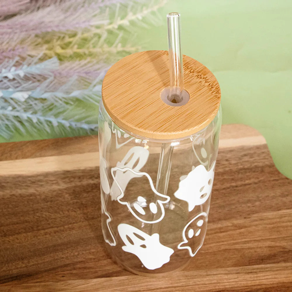 Mugs Halloween Ghost Decoration Spooky Ghost Glass Cup with Lid Straw Tumbler Iced Coffee Glassware Birthday Gift Kitchen Stuff