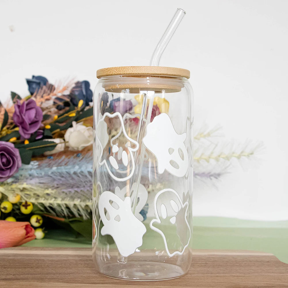 Mugs Halloween Ghost Decoration Spooky Ghost Glass Cup with Lid Straw Tumbler Iced Coffee Glassware Birthday Gift Kitchen Stuff