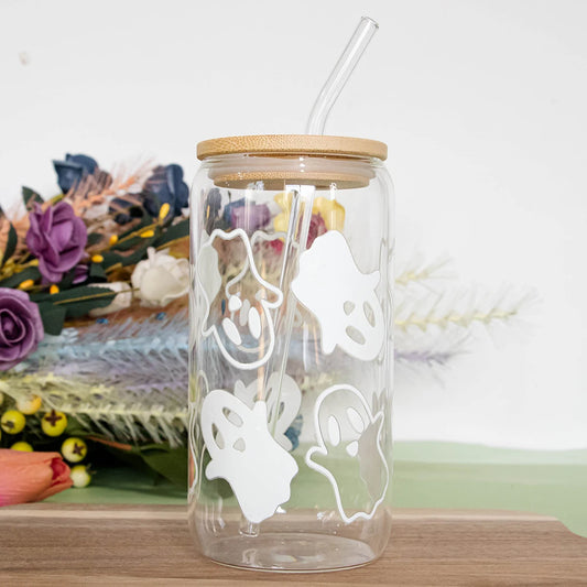 Mugs Halloween Ghost Decoration Spooky Ghost Glass Cup with Lid Straw Tumbler Iced Coffee Glassware Birthday Gift Kitchen Stuff