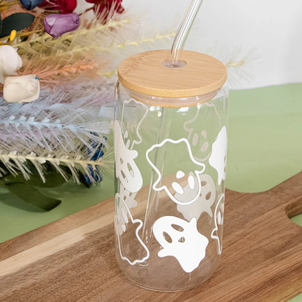 Mugs Halloween Ghost Decoration Spooky Ghost Glass Cup with Lid Straw Tumbler Iced Coffee Glassware Birthday Gift Kitchen Stuff