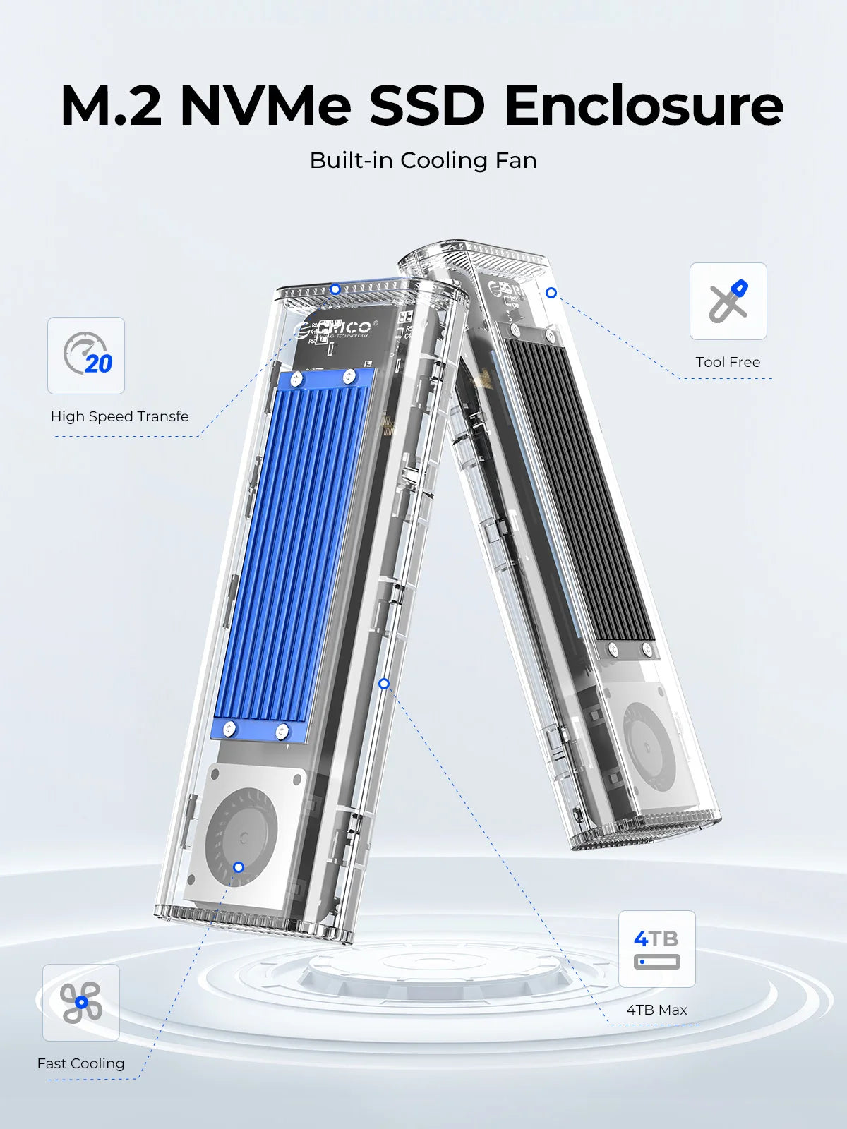 ORICO 20Gbps M.2 NVME SSD Case Enclosure with Cooling Fan USB 3.2 Gen 2 x 2 PCIE NVME Adapter Tool Free 4TB for PCIe M Key