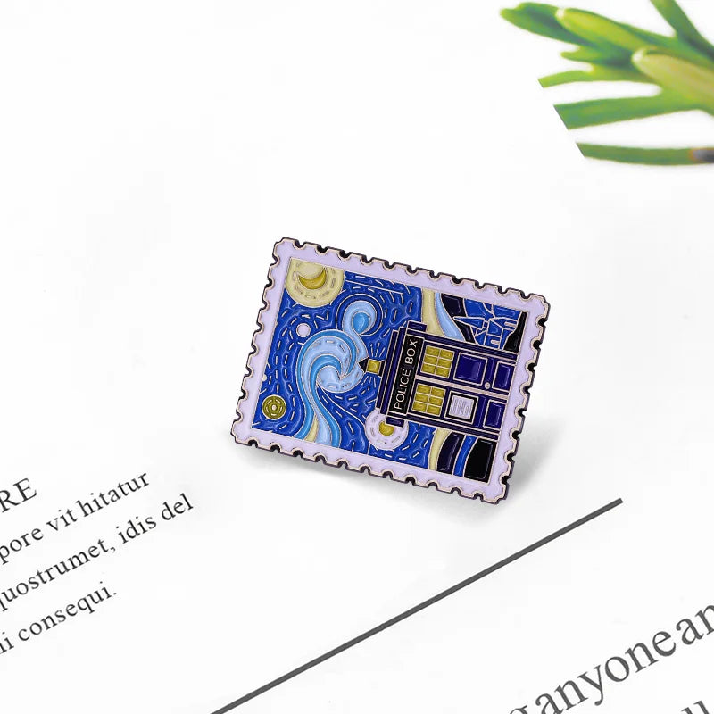 Police Box Van Gogh Starry Night Enamel Pin sun moon sky Brooch painting art film themed Accessory