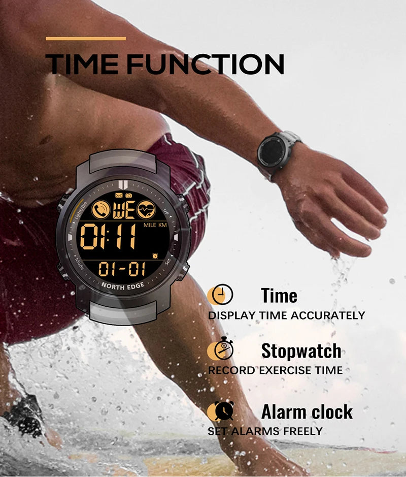 NORTH EDGE Men's Digital Watch Military Waterproof 50M Running Sports Pedometer Stopwatch Watch Heart Rate Wristband Android IOS
