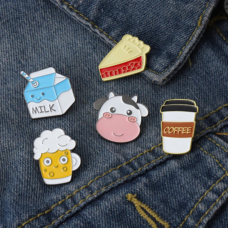pins Wholesale Pizza Enamel Pin Coffee Brooches Food Badges Beer Milk Cake Cow Jewelry Hat Bag Accessories Women Girl Jewelry