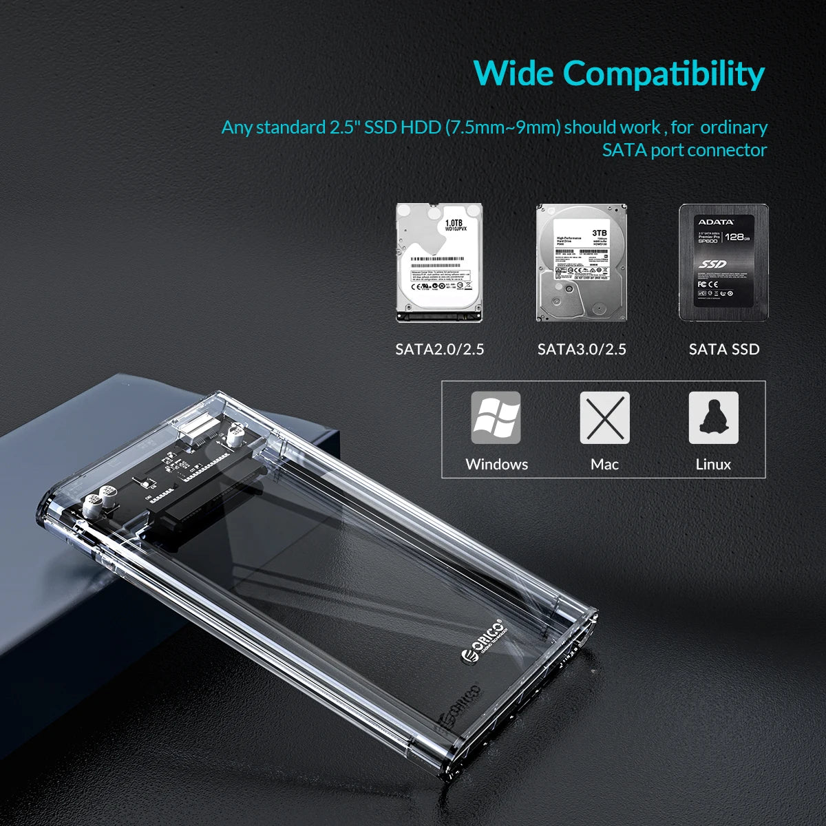 ORICO 2.5'' Transparent HDD Case SATA to USB 3.1 Gen2 10Gbps External Hard Drive Case HDD Enclosure SSD Disk Case Support UASP