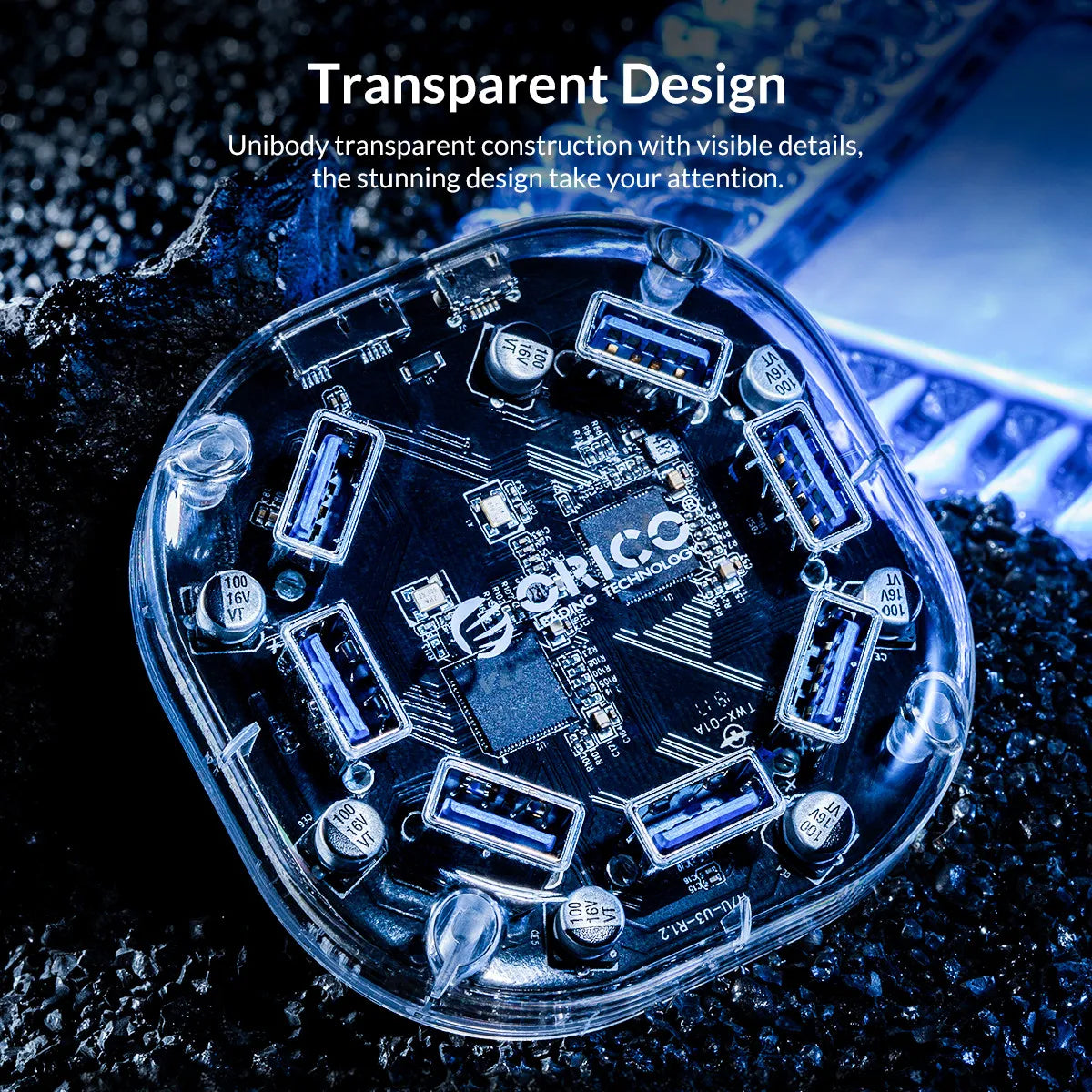 ORICO Transparent Series USB HUB Multi 4 7 Port High Speed USB3.0 Splitter With Micro USB Power Port  For Laptop PC OTG Adapter