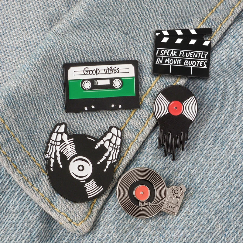 Punk Music Lovers Enamel Pin Good Vibes Tape DJ Vinyl Record Player Badge Brooch Lapel Pins Jeans Shirt Jewelry Gifts Wholesale