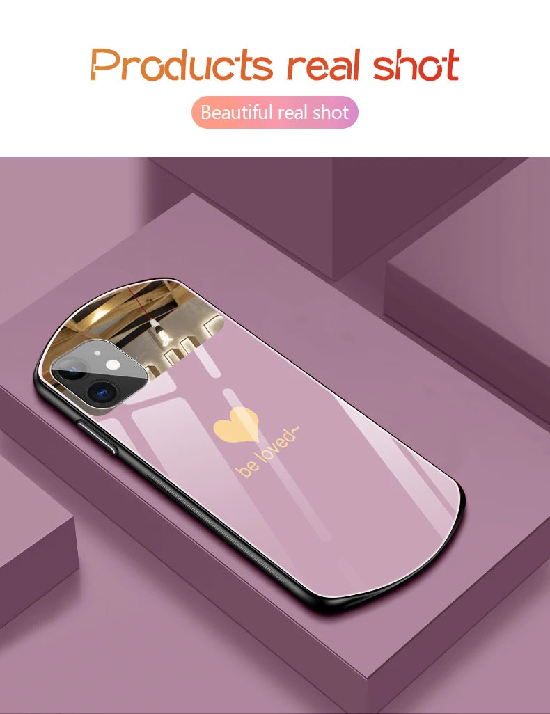 Luxury Cute Oval Heart-shaped Tempered Glass Phone Case For iPhone 16 E 15 14 13 12 11 Pro Max XS XR Plus Mirror Silicone Cover