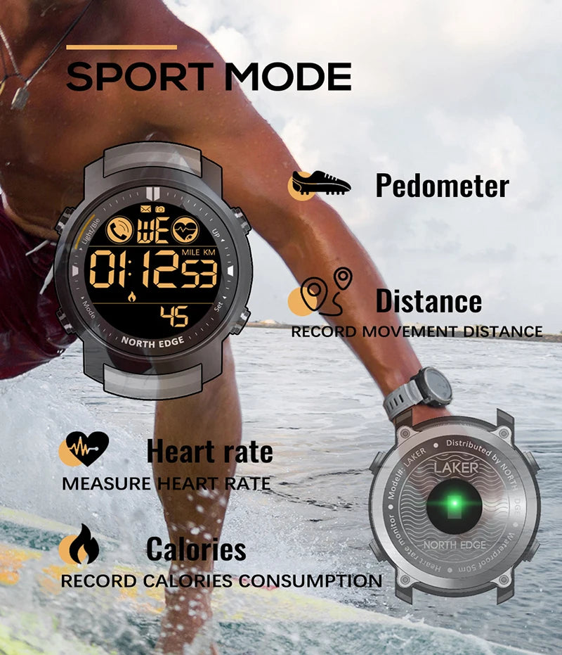 NORTH EDGE Men's Digital Watch Military Waterproof 50M Running Sports Pedometer Stopwatch Watch Heart Rate Wristband Android IOS