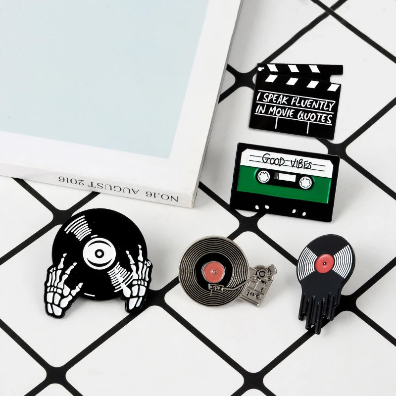 Punk Music Lovers Enamel Pin Good Vibes Tape DJ Vinyl Record Player Badge Brooch Lapel Pins Jeans Shirt Jewelry Gifts Wholesale