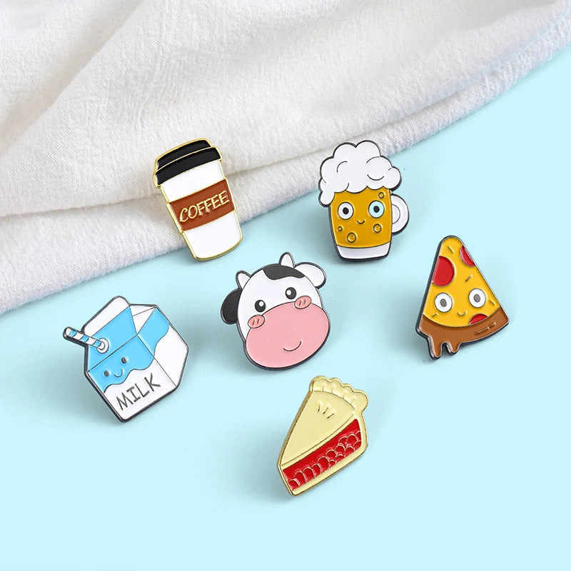 pins Wholesale Pizza Enamel Pin Coffee Brooches Food Badges Beer Milk Cake Cow Jewelry Hat Bag Accessories Women Girl Jewelry