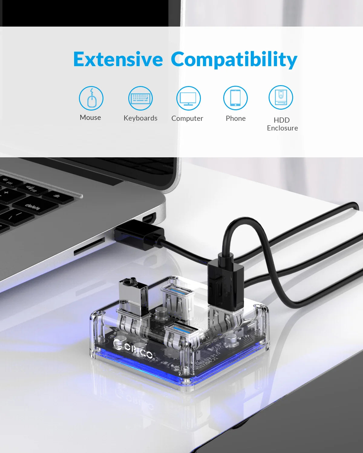 ORICO Transparent Series USB HUB Multi 4 7 Port High Speed USB3.0 Splitter With Micro USB Power Port For Laptop PC OTG Adapter
