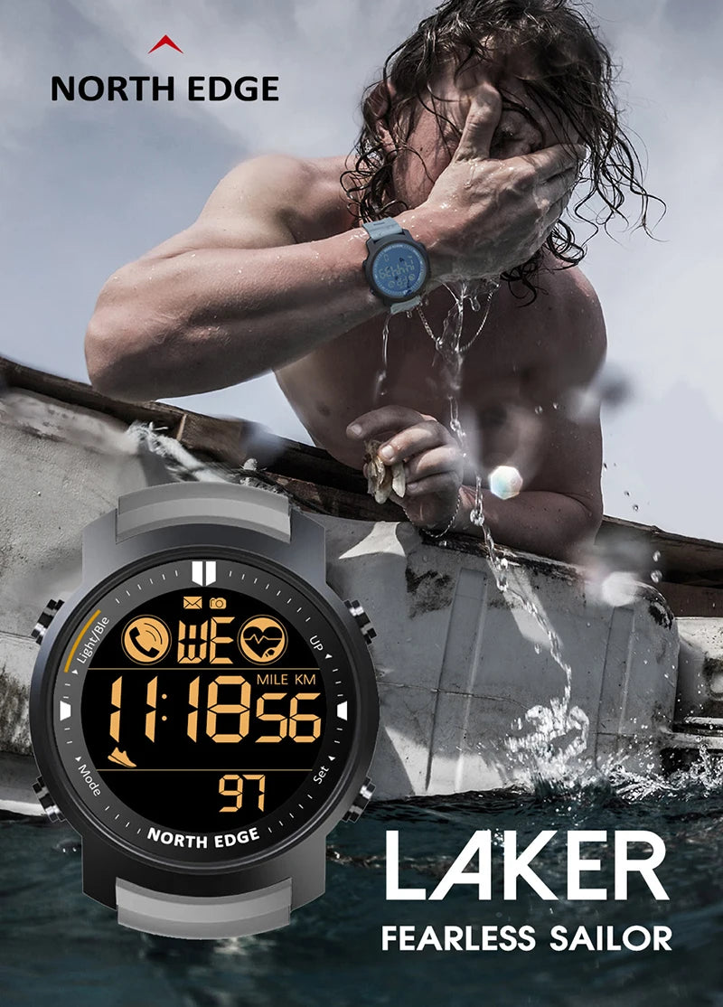 NORTH EDGE Men's Digital Watch Military Waterproof 50M Running Sports Pedometer Stopwatch Watch Heart Rate Wristband Android IOS