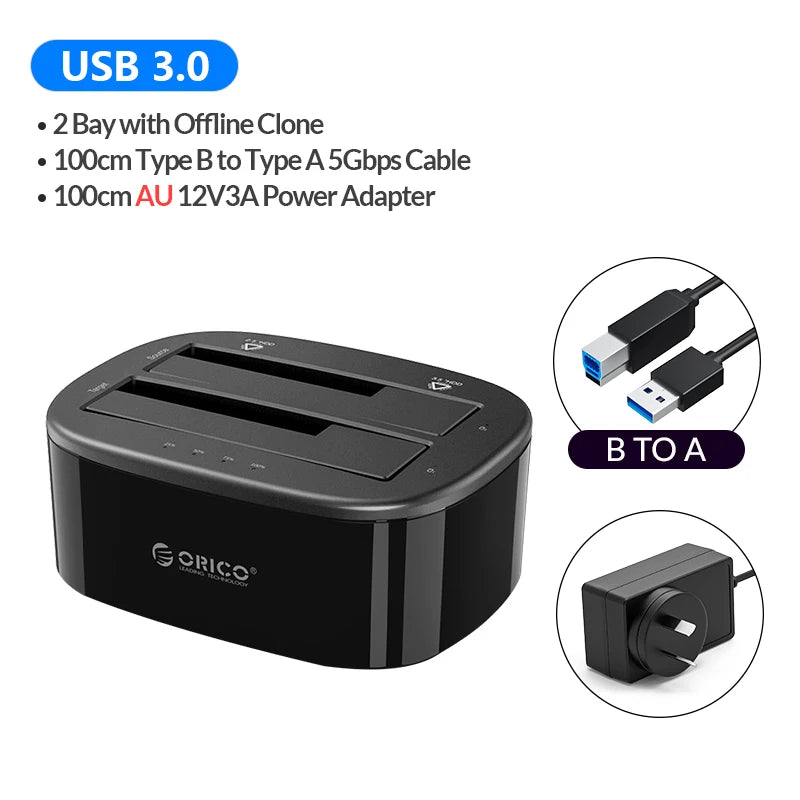 ORICO HDD Clone Docking Station USB 3.0 to SATA 3.0 Dual Bay Hard Drive Docking Station for 2.5/3.5 inch HDD SSD Case for PC