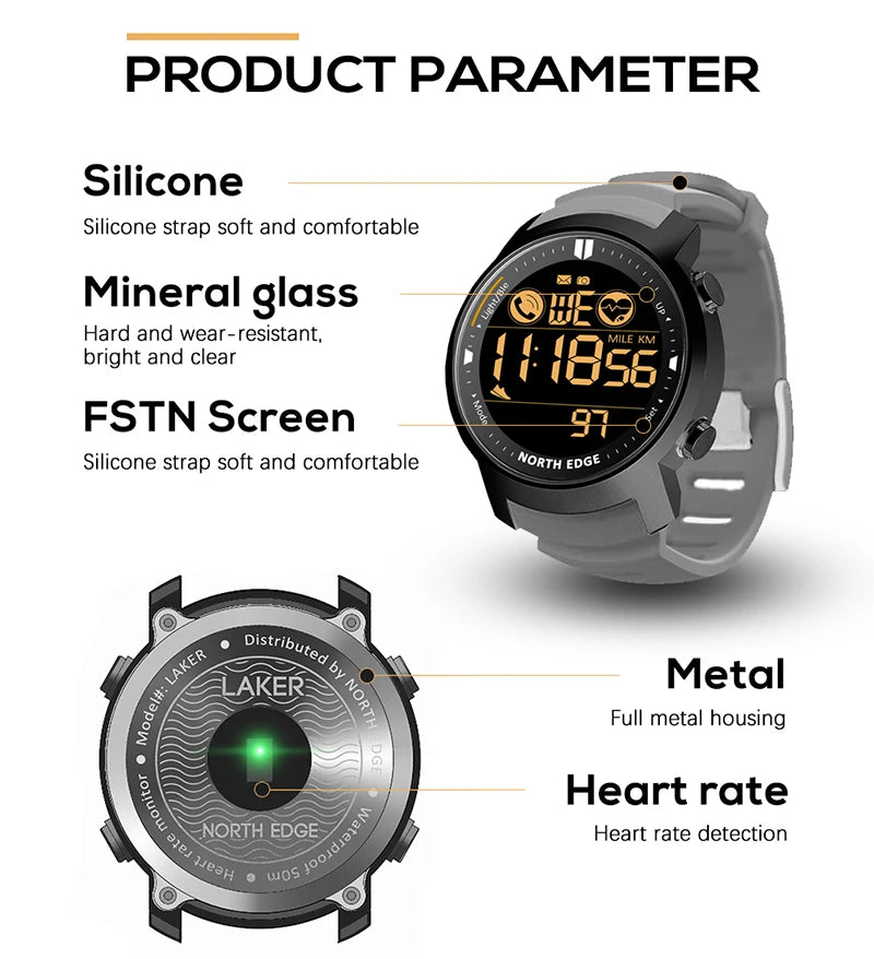 NORTH EDGE Men's Digital Watch Military Waterproof 50M Running Sports Pedometer Stopwatch Watch Heart Rate Wristband Android IOS