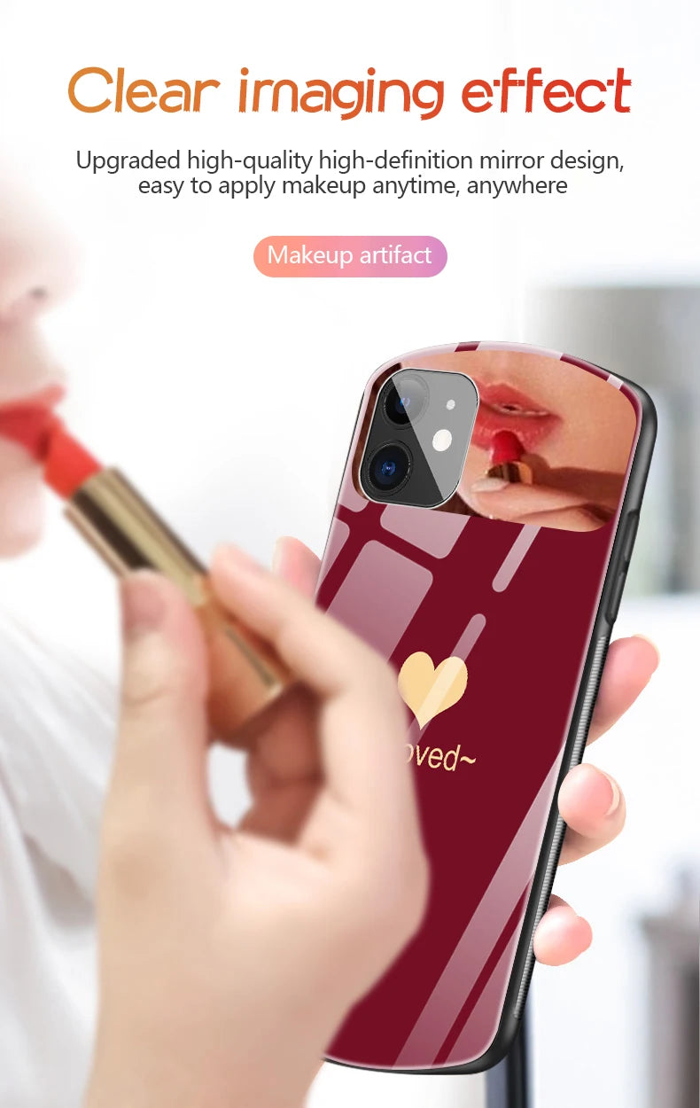 Luxury Cute Oval Heart-shaped Tempered Glass Phone Case For iPhone 16 E 15 14 13 12 11 Pro Max XS XR Plus Mirror Silicone Cover