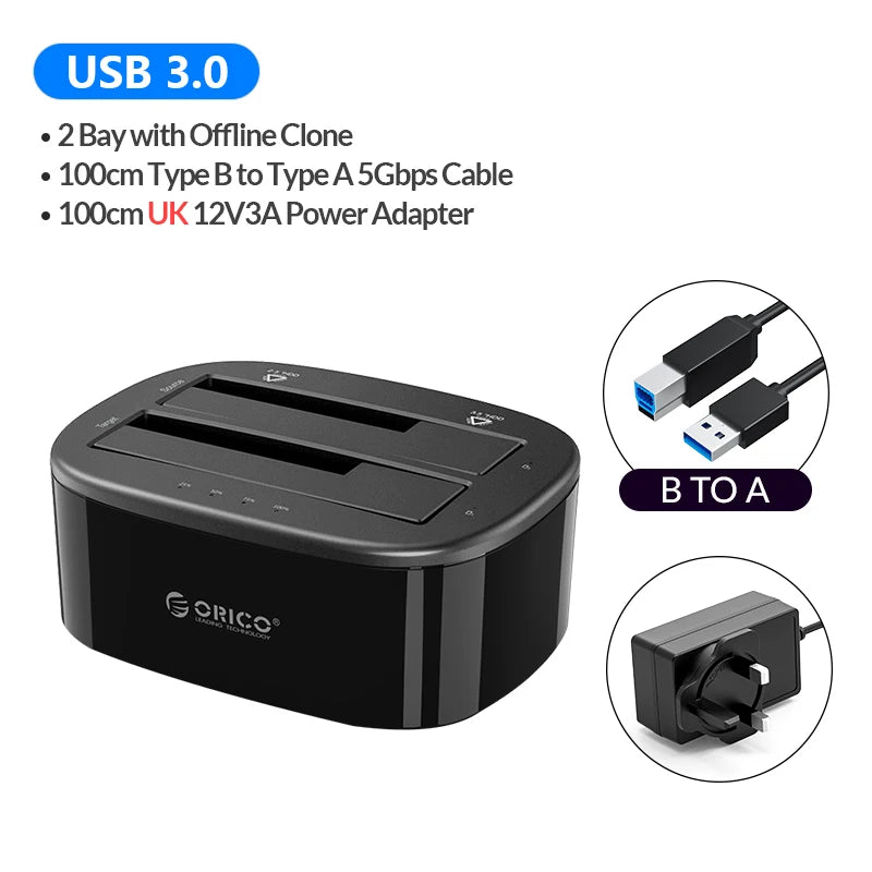 ORICO HDD Clone Docking Station USB 3.0 to SATA 3.0 Dual Bay Hard Drive Docking Station for 2.5/3.5 inch HDD SSD Case for PC