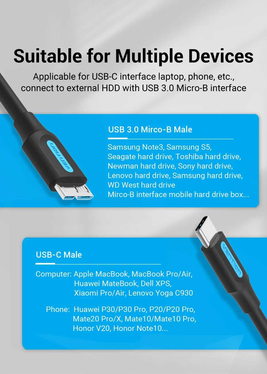 Vention USB 3.0 Type C to Micro B  Cable Connector For SSD HDD  External Hard Drive Disk Smartphone MacBook PC Micro B Cable
