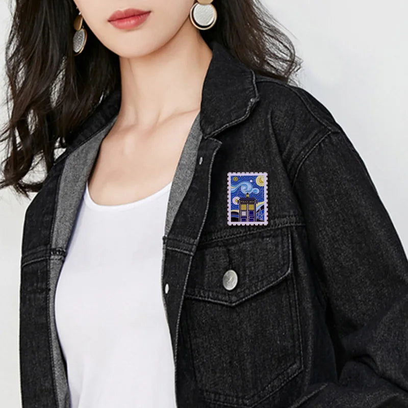 Police Box Van Gogh Starry Night Enamel Pin sun moon sky Brooch painting art film themed Accessory