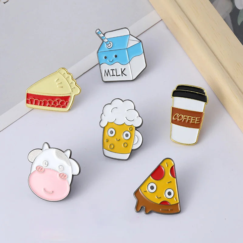 pins Wholesale Pizza Enamel Pin Coffee Brooches Food Badges Beer Milk Cake Cow Jewelry Hat Bag Accessories Women Girl Jewelry