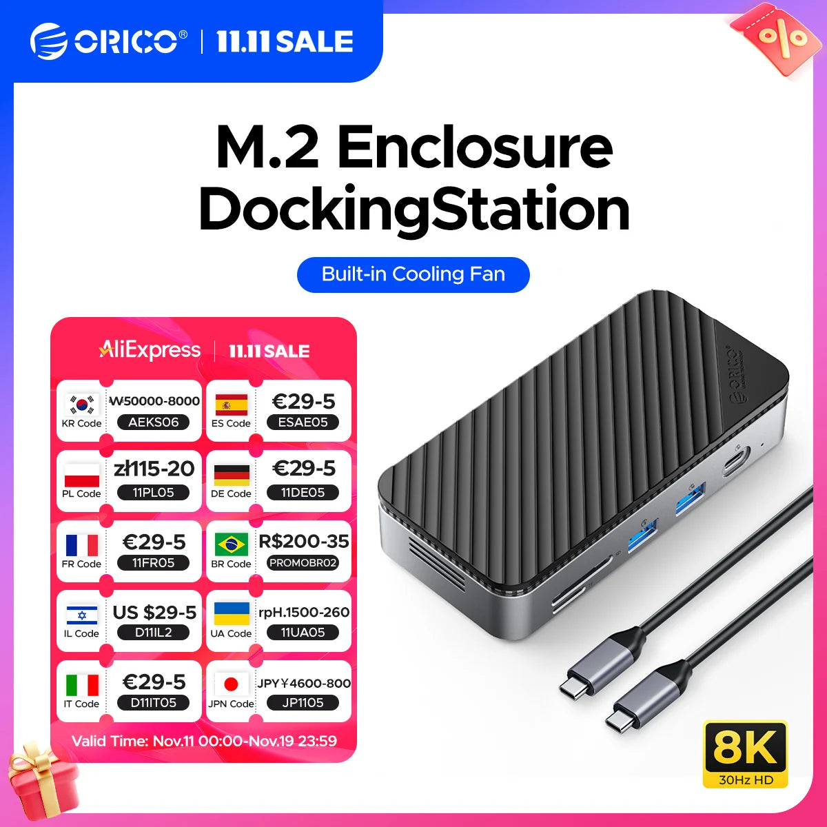 ORICO USB C Display Hub 10Gbps with Cooling Fan M.2 NVMe SATA SSD Enclosure HDMI RJ45 SD/TF Docking Station for Gamers