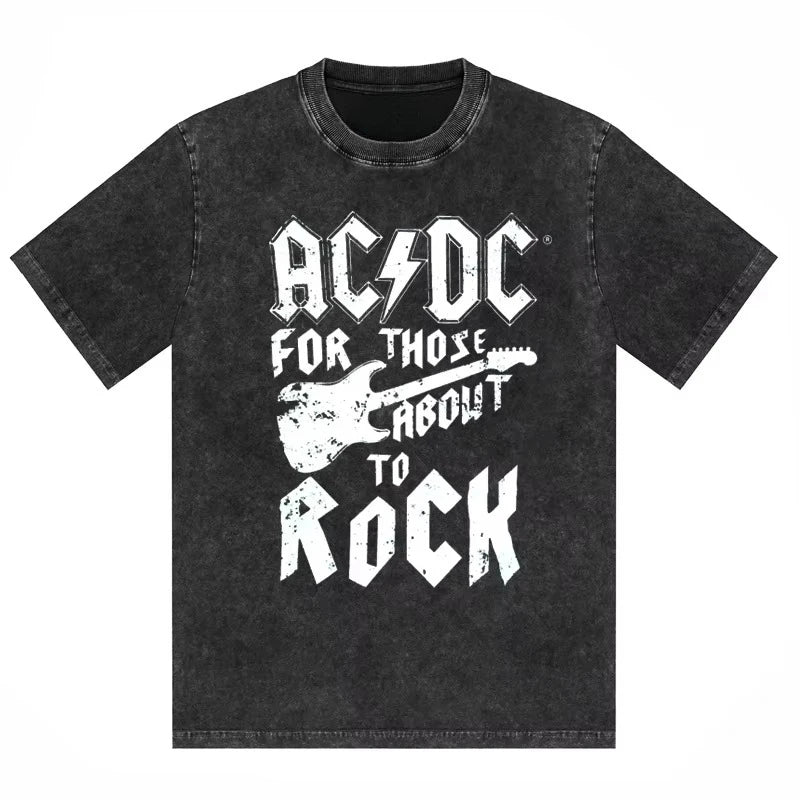 ACDC Band Printed T-shirt Washed Retro Old Short Sleeve Trendy Couple Comfortable Loose Casual Fashion New Men's Clothing 2025
