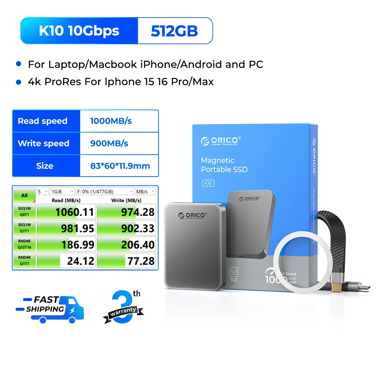 ORICO 1TB Magnetic SSD, PD100W Charging, 4K ProRes HDR, 1000MB/s USB 3.2, Portable External Drive for iPhone 16/15, Laptops