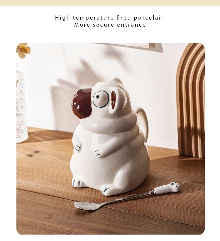 Creative Cartoon Pug Mug Ceramic Large Capacity Cute Water Cup with Lid Spoon Kitchen Drinkware Birthday Gift for Boyfriend